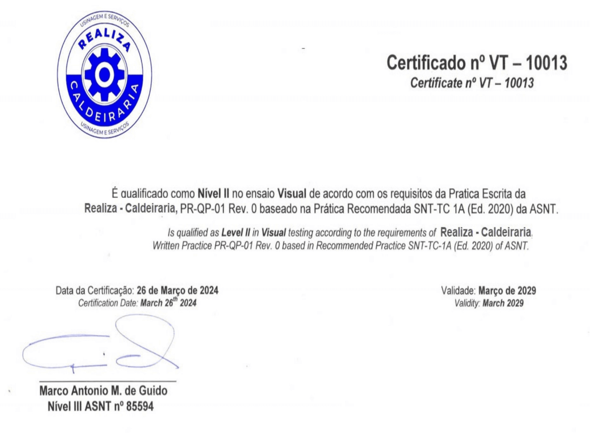 Certificado
de Qualificação
Inspetor Nível II