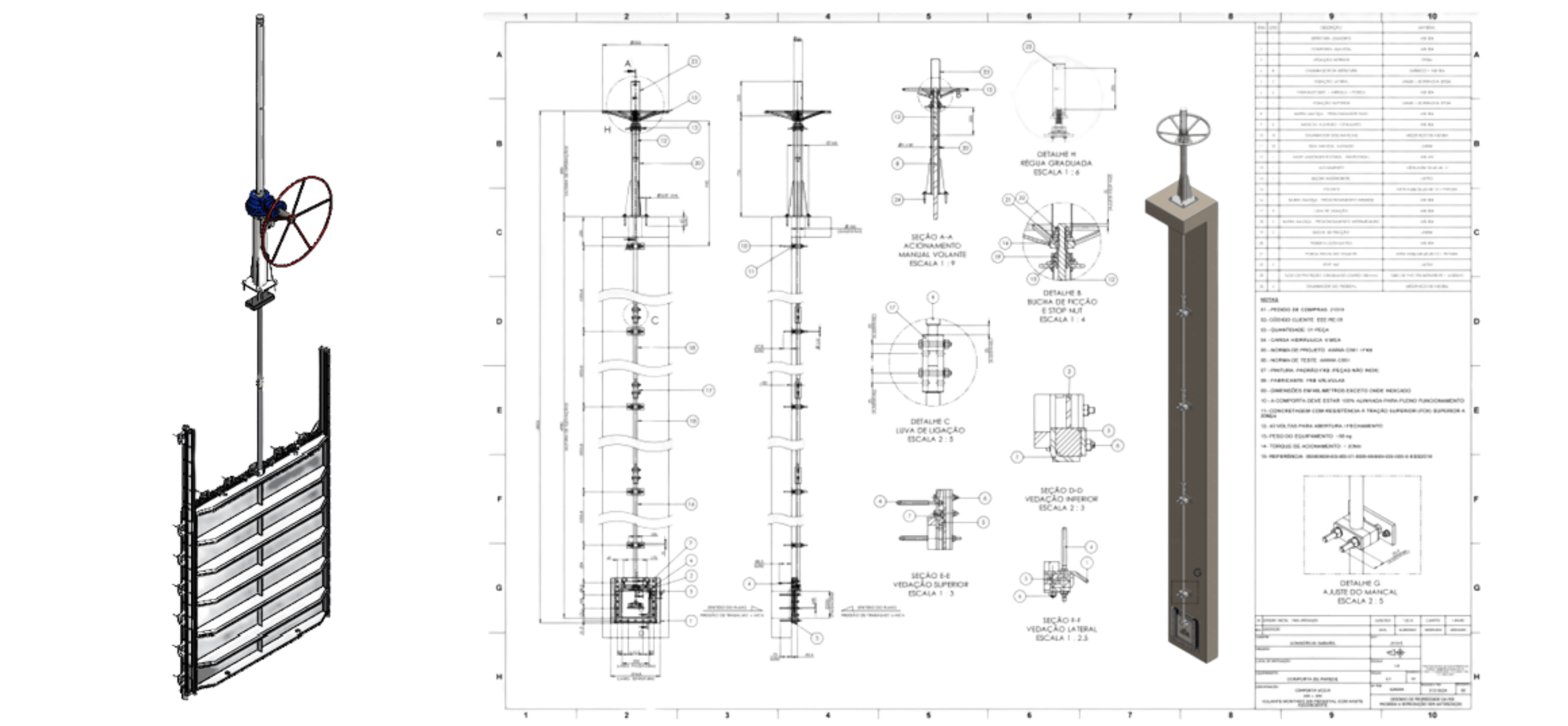 Render 3D e prancha
técnica 2D completa
com seções, cotas
e detalhes de vedação