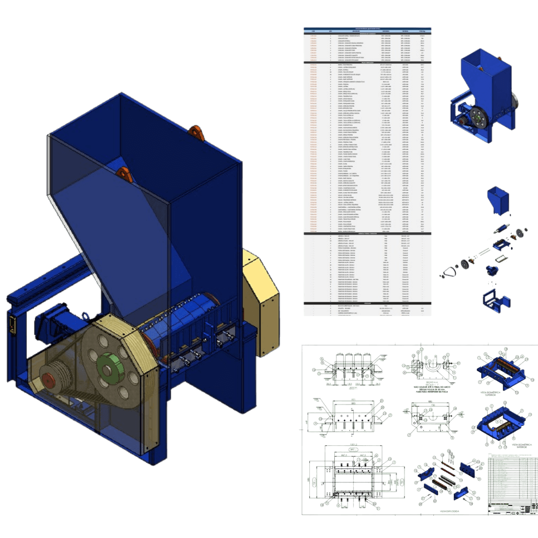 Modelagem completa
em SolidWorks
com detalhamento de conjuntos
e lista de materiais